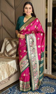 rani pink color art silk saree with contrast blouse 1