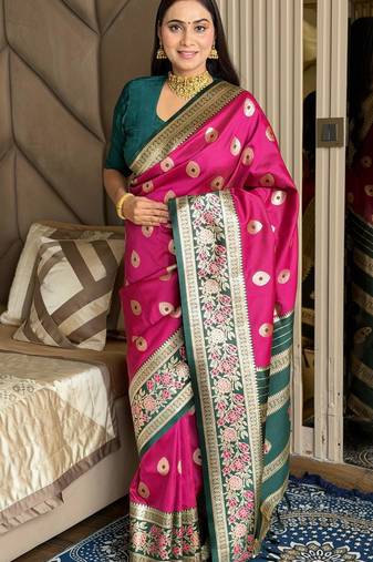 rani pink color art silk saree with contrast blouse