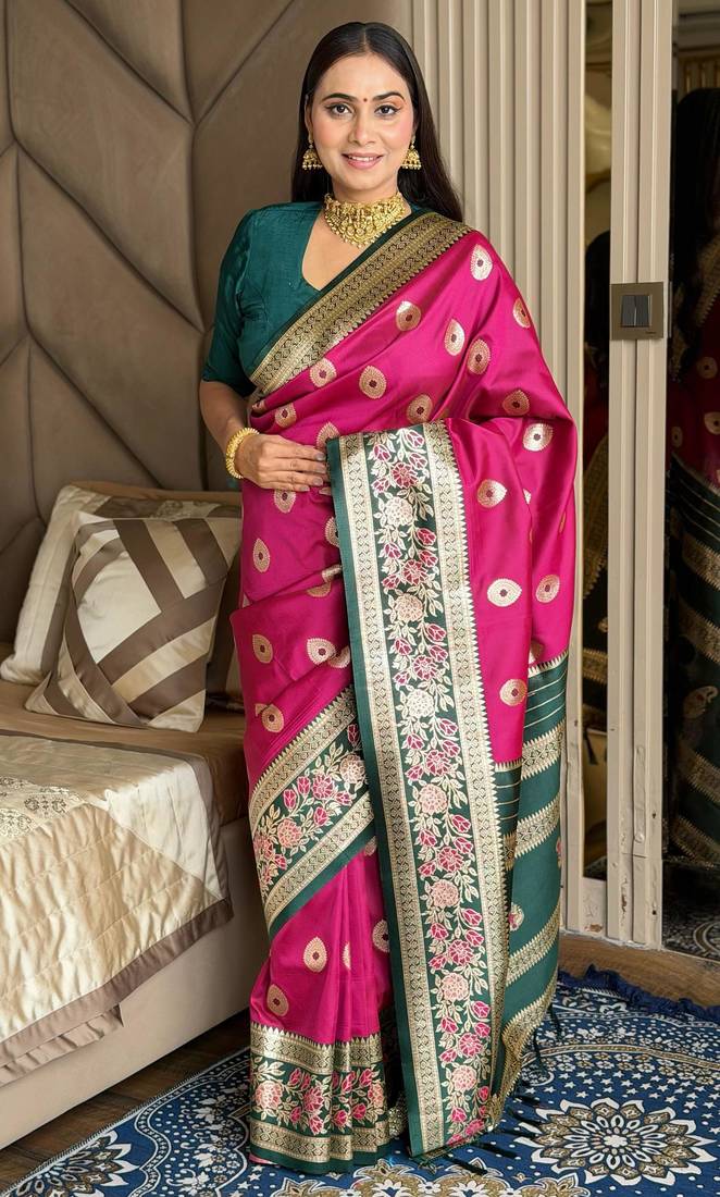 rani pink color art silk saree with contrast blouse