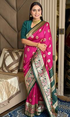 rani pink color art silk saree with contrast blouse 2