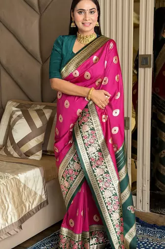 rani pink color art silk saree with contrast blouse