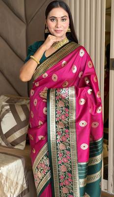 rani pink color art silk saree with contrast blouse 3