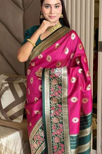 rani pink color art silk saree with contrast blouse