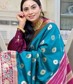 teal color art silk saree with contrast blouse