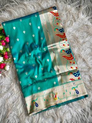 blue pink color paithani art silk saree with blouse 1