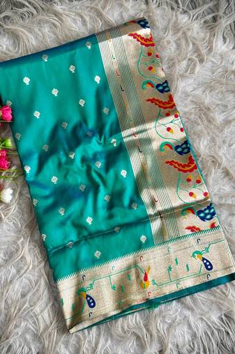 blue pink color paithani art silk saree with blouse