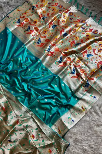 blue pink color paithani art silk saree with blouse