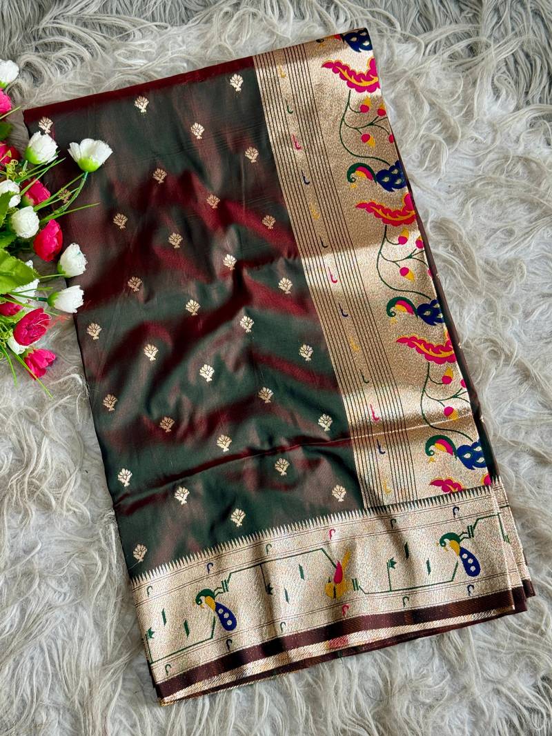 brown pink color paithani art silk saree with blouse