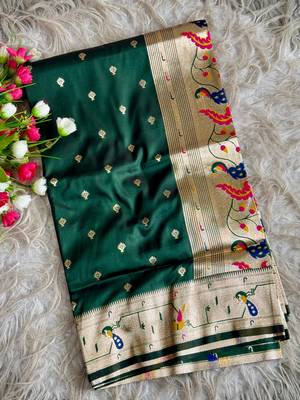 dark green  color paithanai art silk saree with blouse 1