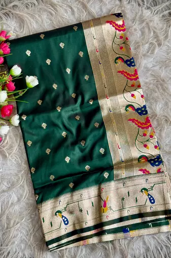dark green  color paithanai art silk saree with blouse