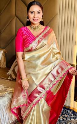 cream color tissue art silk saree with contrast blouse 2