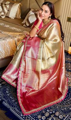cream color tissue art silk saree with contrast blouse 4