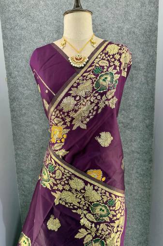 plum color banarasi art silk saree with plain blouse