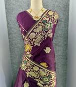 plum color banarasi art silk saree with plain blouse