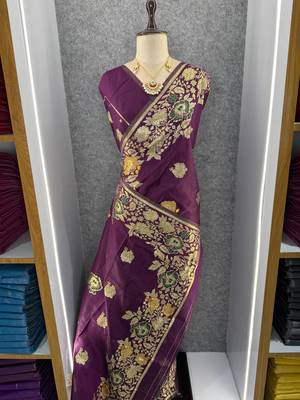 plum color banarasi art silk saree with plain blouse 2
