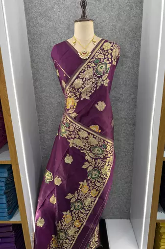 plum color banarasi art silk saree with plain blouse
