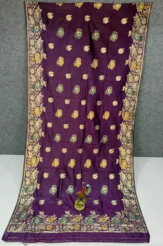 plum color banarasi art silk saree with plain blouse