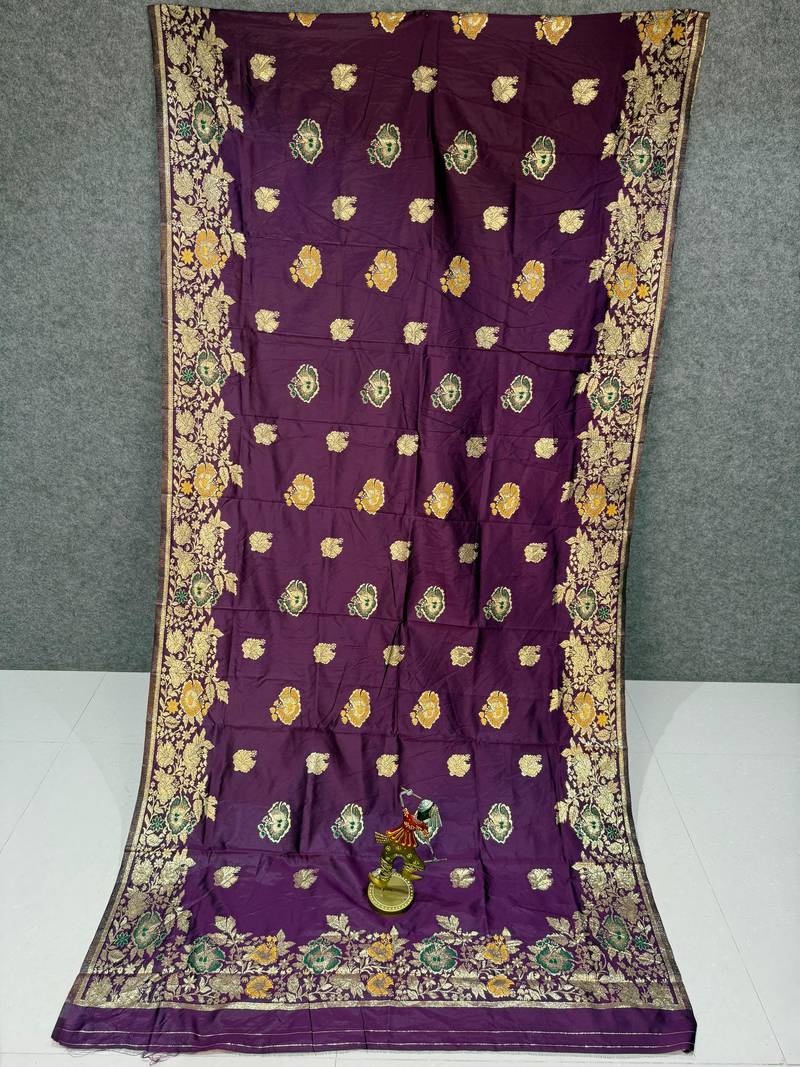 plum color banarasi art silk saree with plain blouse