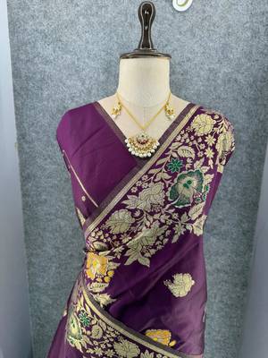 plum color banarasi art silk saree with plain blouse 4