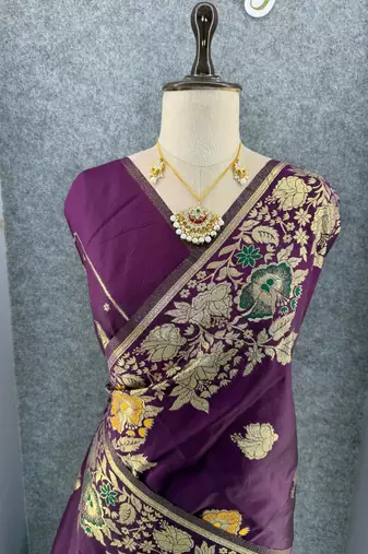 plum color banarasi art silk saree with plain blouse