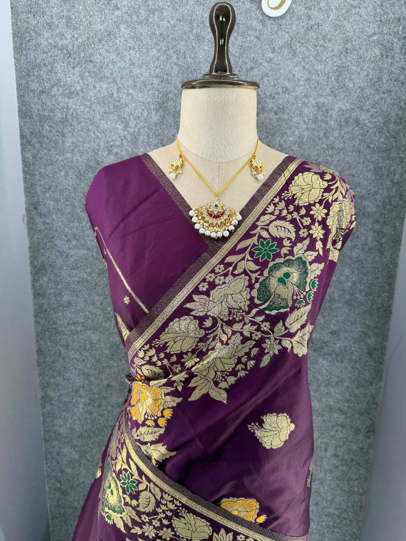 plum color banarasi art silk saree with plain blouse