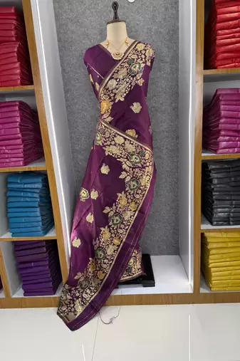 plum color banarasi art silk saree with plain blouse