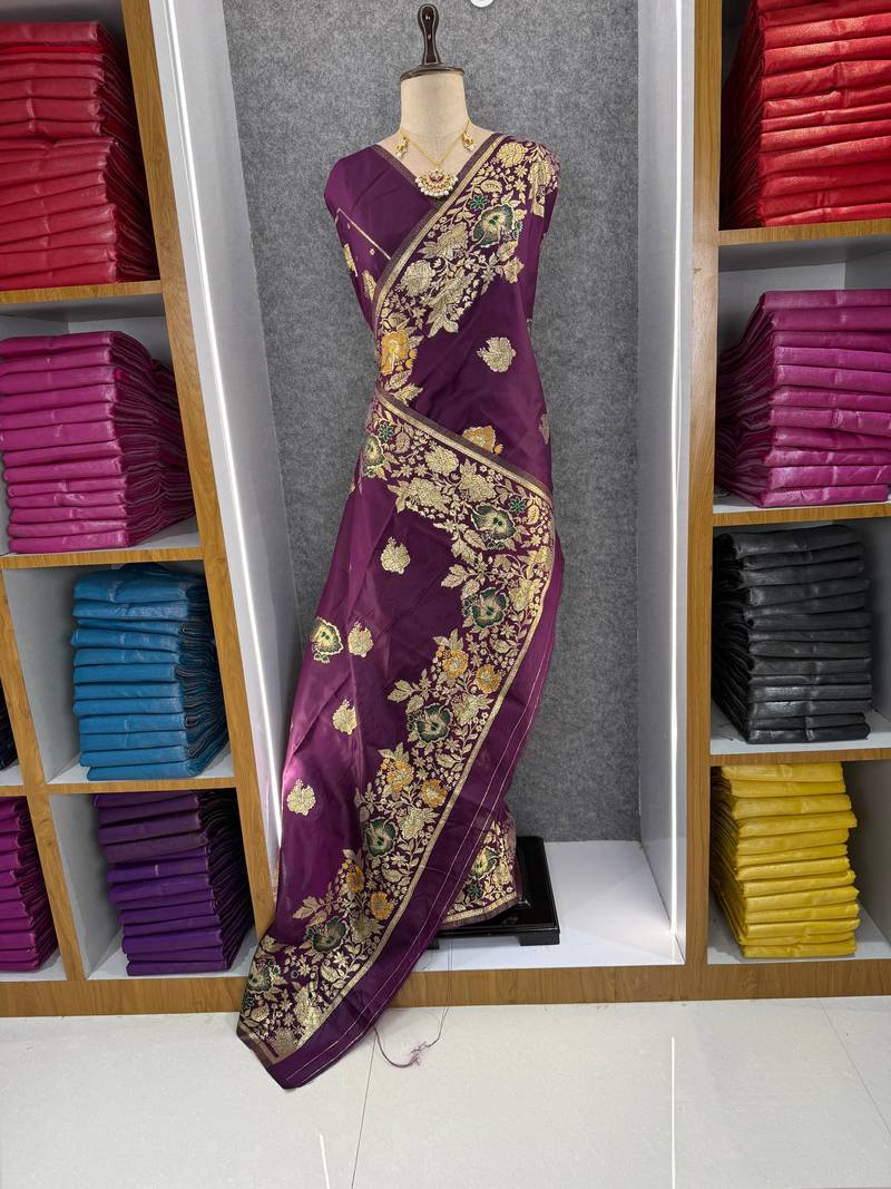 plum color banarasi art silk saree with plain blouse