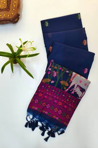 blue color cotton saree with contrast blouse