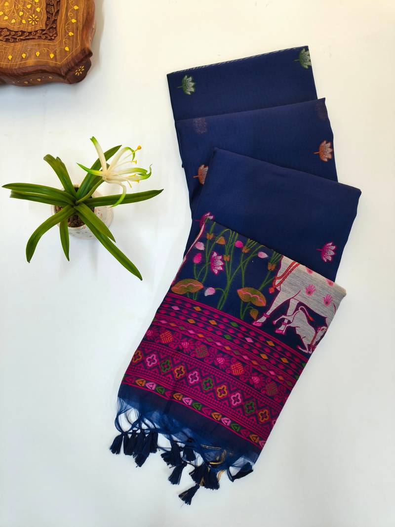 blue color cotton saree with contrast blouse