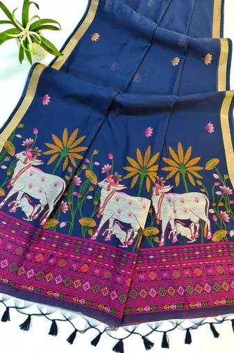 blue color cotton saree with contrast blouse
