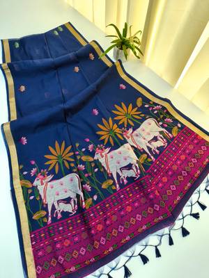 blue color cotton saree with contrast blouse 4