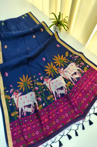 blue color cotton saree with contrast blouse