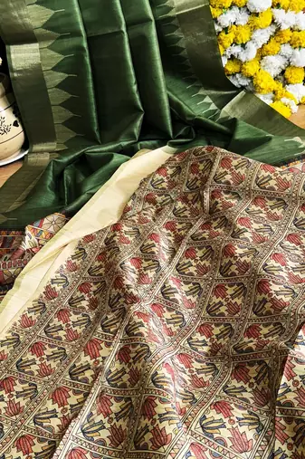 green color tussar art silk saree with blouse