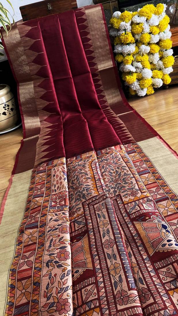 maroon color tussar art silk saree with blouse