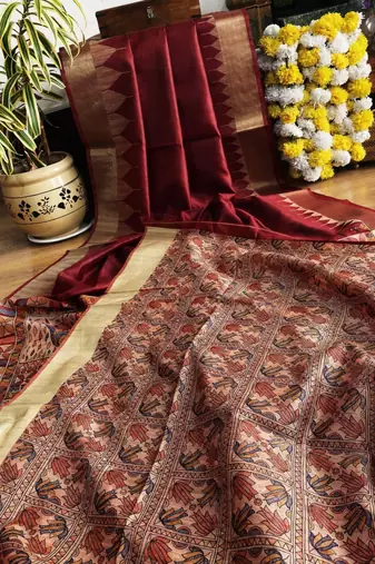 maroon color tussar art silk saree with blouse