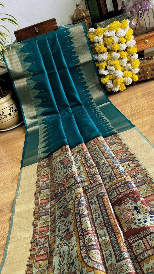 teal color tussar art silk saree with blouse