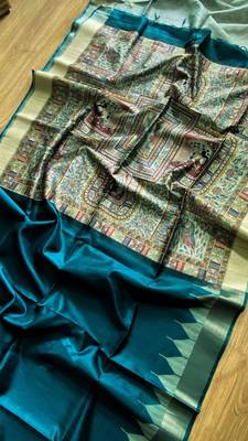 teal color tussar art silk saree with blouse 3