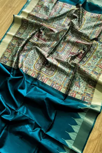 teal color tussar art silk saree with blouse