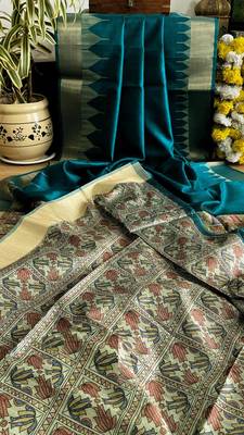 teal color tussar art silk saree with blouse 4