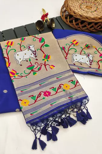 blue color paithani art silk saree with designer blouse