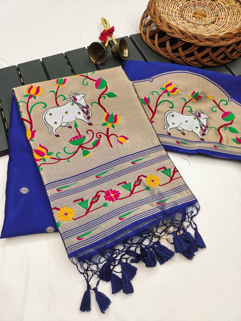 blue color paithani art silk saree with designer blouse