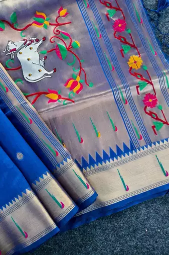 blue color paithani art silk saree with designer blouse