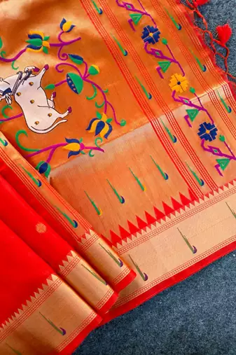 orange color paithani art silk saree with designer blouse
