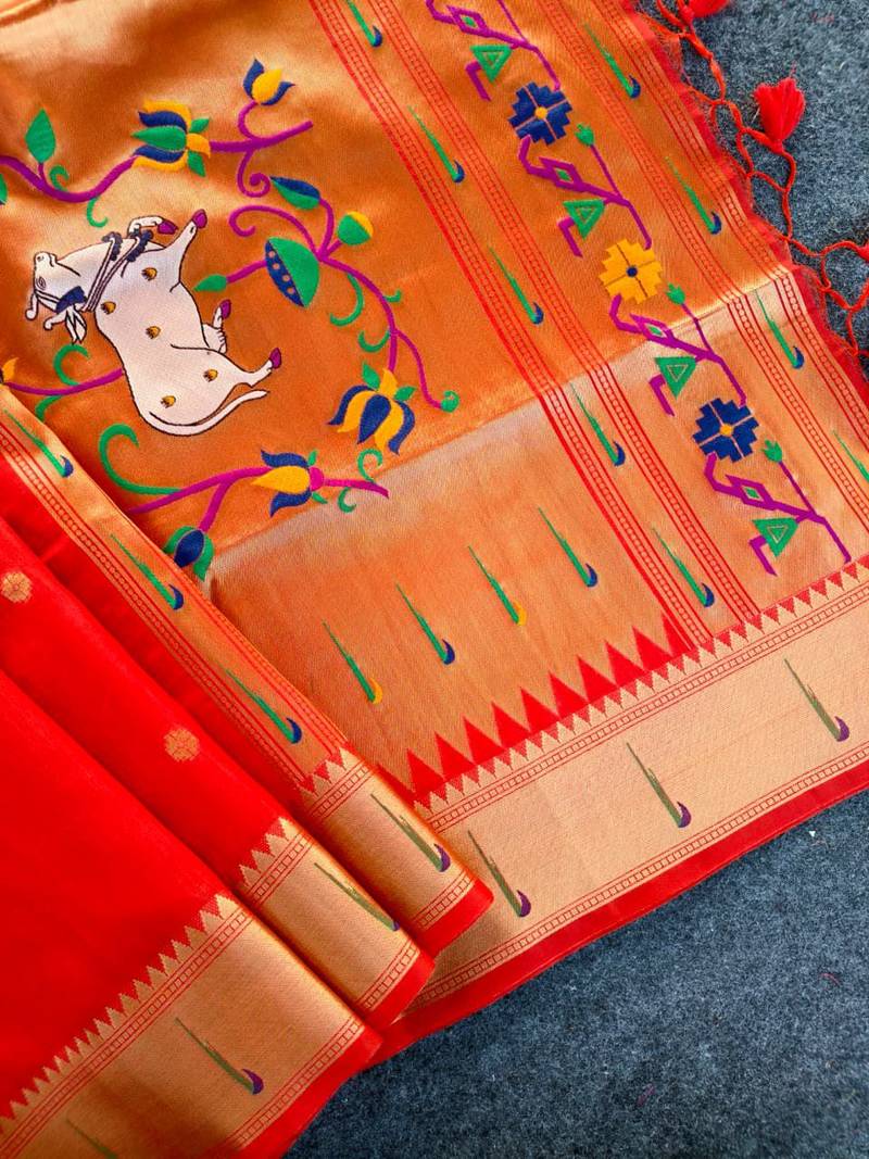 orange color paithani art silk saree with designer blouse