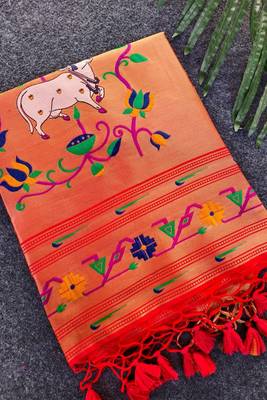 orange color paithani art silk saree with designer blouse 3