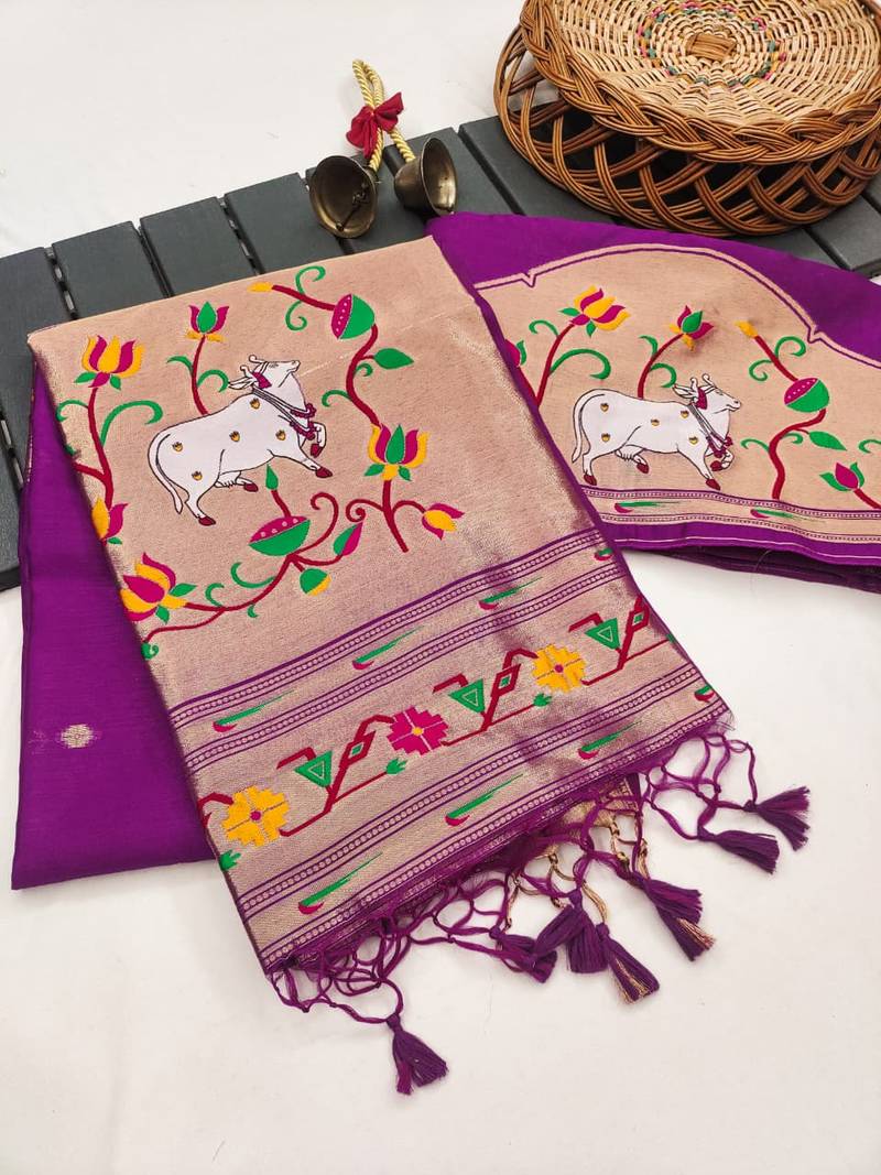 purple color paithani art silk saree with designer blouse