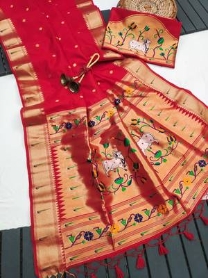 red color paithani art silk saree with designer blouse 1