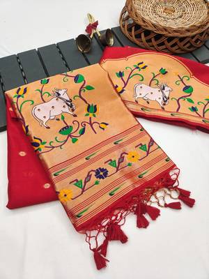 red color paithani art silk saree with designer blouse 2