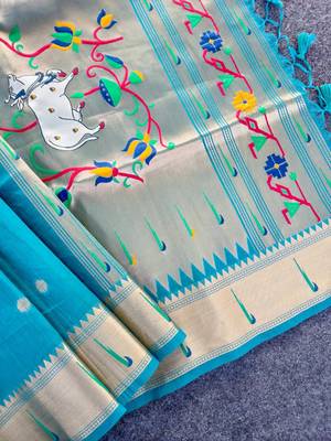 teal color paithani art silk saree with designer blouse 1