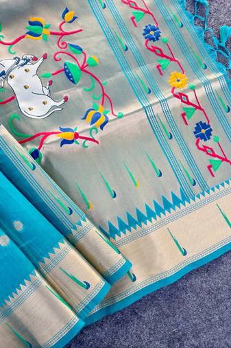teal color paithani art silk saree with designer blouse